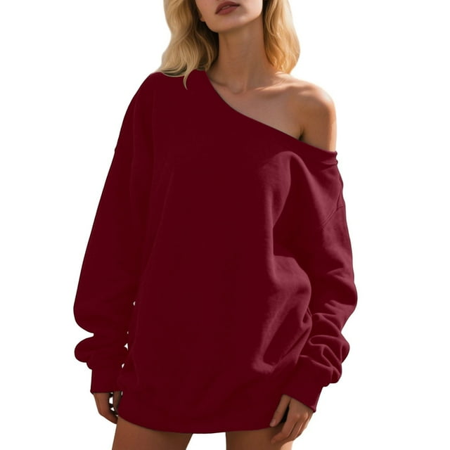 Fgnfyis Womens off Shoulder Womens Sweatshirt Casual Long Sleeve Pullover Tops for Daily Wear Comfortable Soft Stretchy Pure Color Loose Fit Spring Fall Winter Fashion Red XL