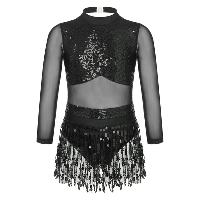 Venjoe Robe de Danse Latine à Manches Longues pour Filles Jupe à Sequins Tutu Justau Ballet Noir 6
