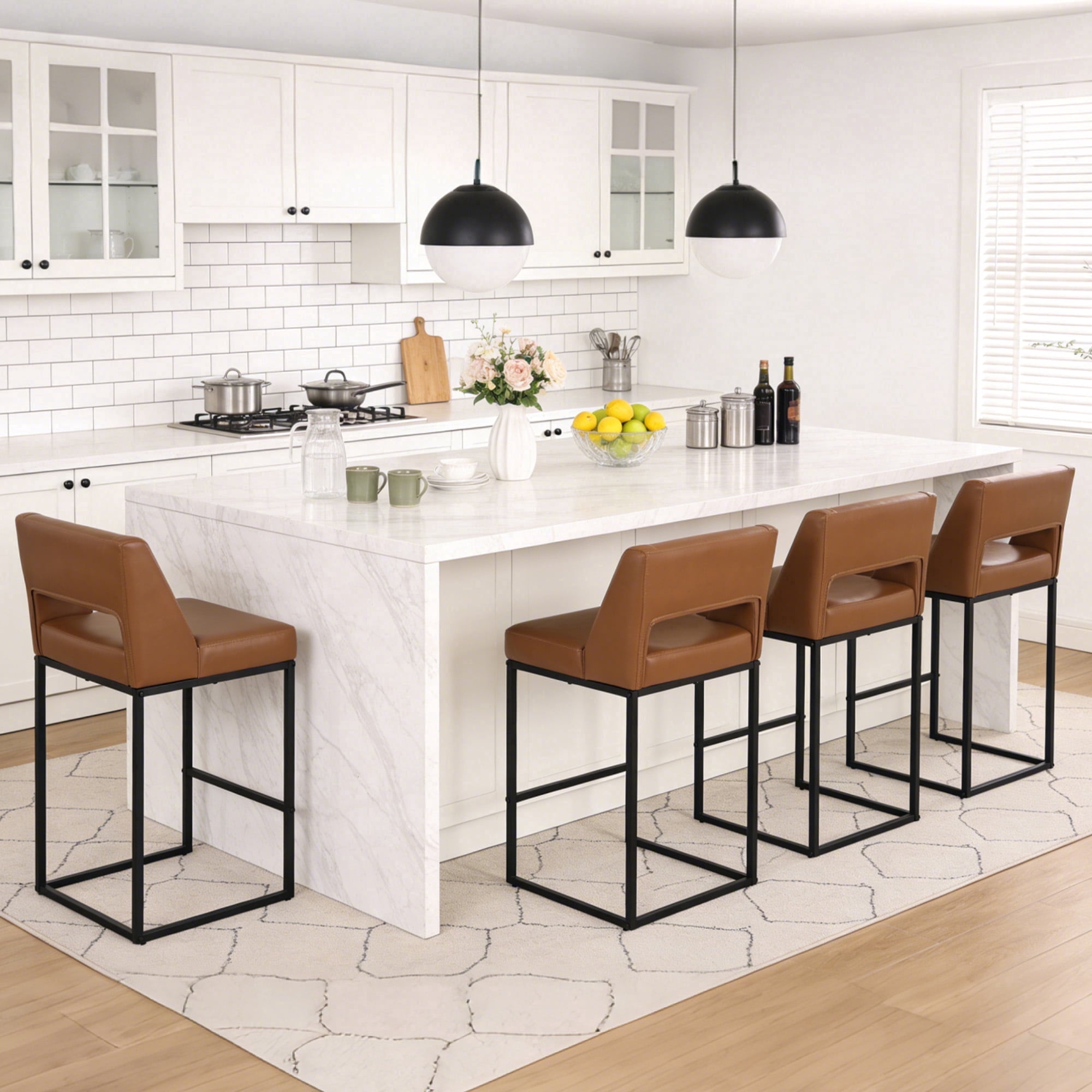 ClinQ Counter Height Bar Stools Set of 4, Hollow Back Kitchen Island Barstools, Upholstered Faux Leather Counter Stools with Metal Frame, Brown