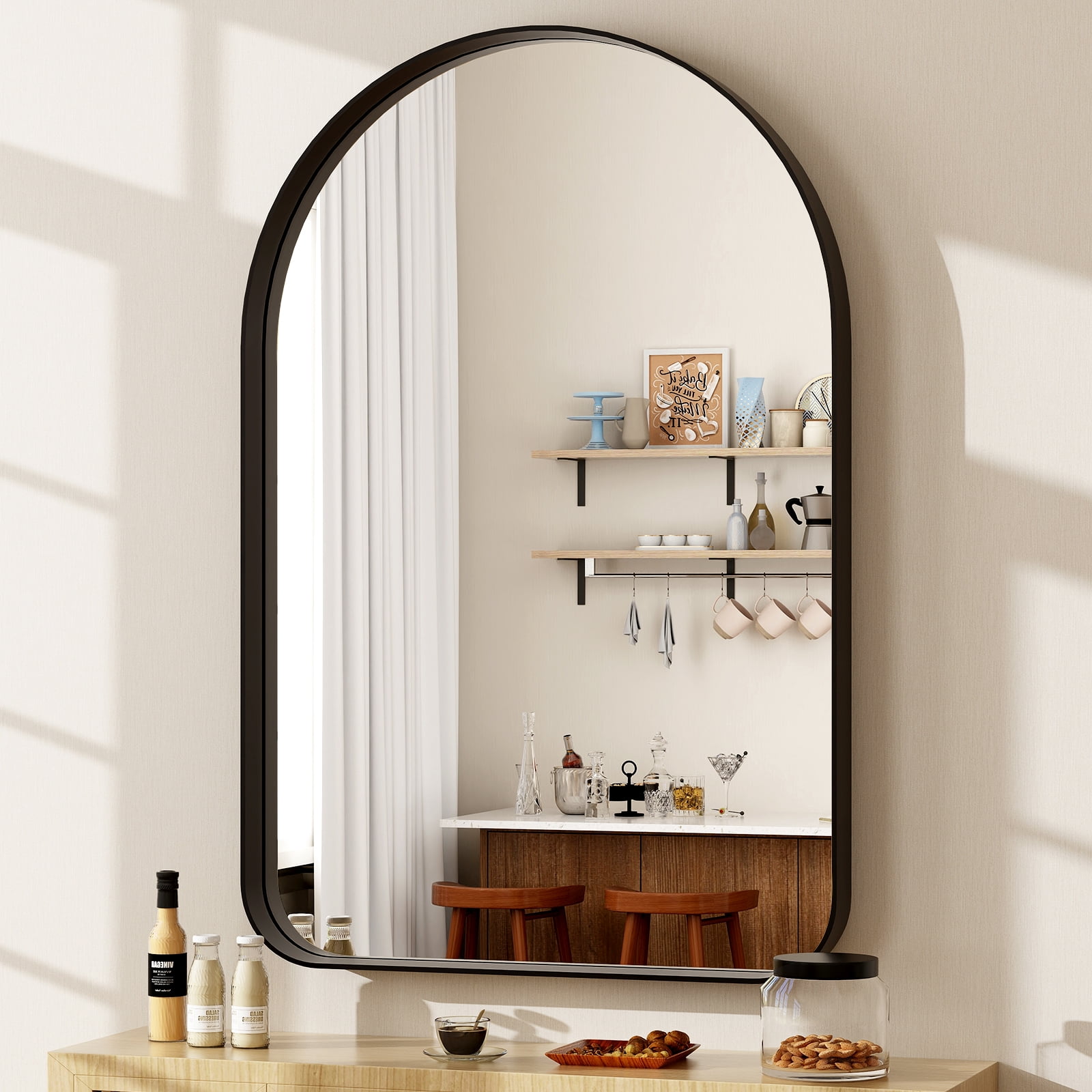 Gleamira 26"x38" Arched Bathroom Mirror Wall-Mounted Mirror with Deep Frame, Black