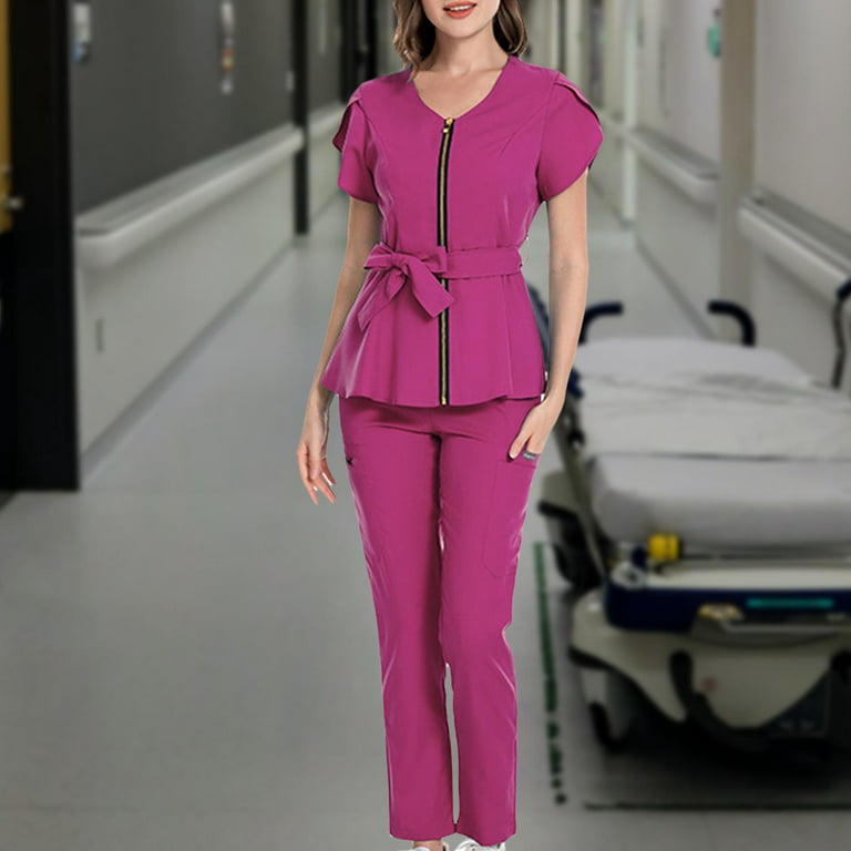 Nursing Scrubs Sets Accessories Nurse Tops Pants Set for Female Workers SPA  M Size Dark Pink 