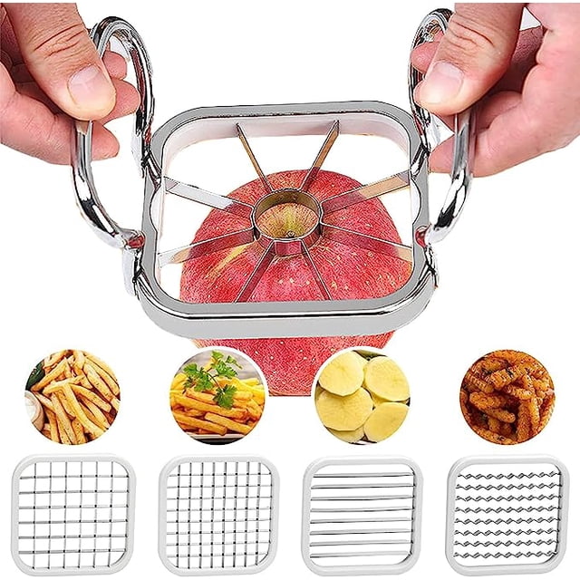 Cortador de manzanas de acero inoxidable, cortador de frutas de acero inoxidable, cortador de frutas de acero inoxidable 5 en 1 con mango para hacer bricolaje, frutas, verduras, papas (plata) TUNC Sencillez