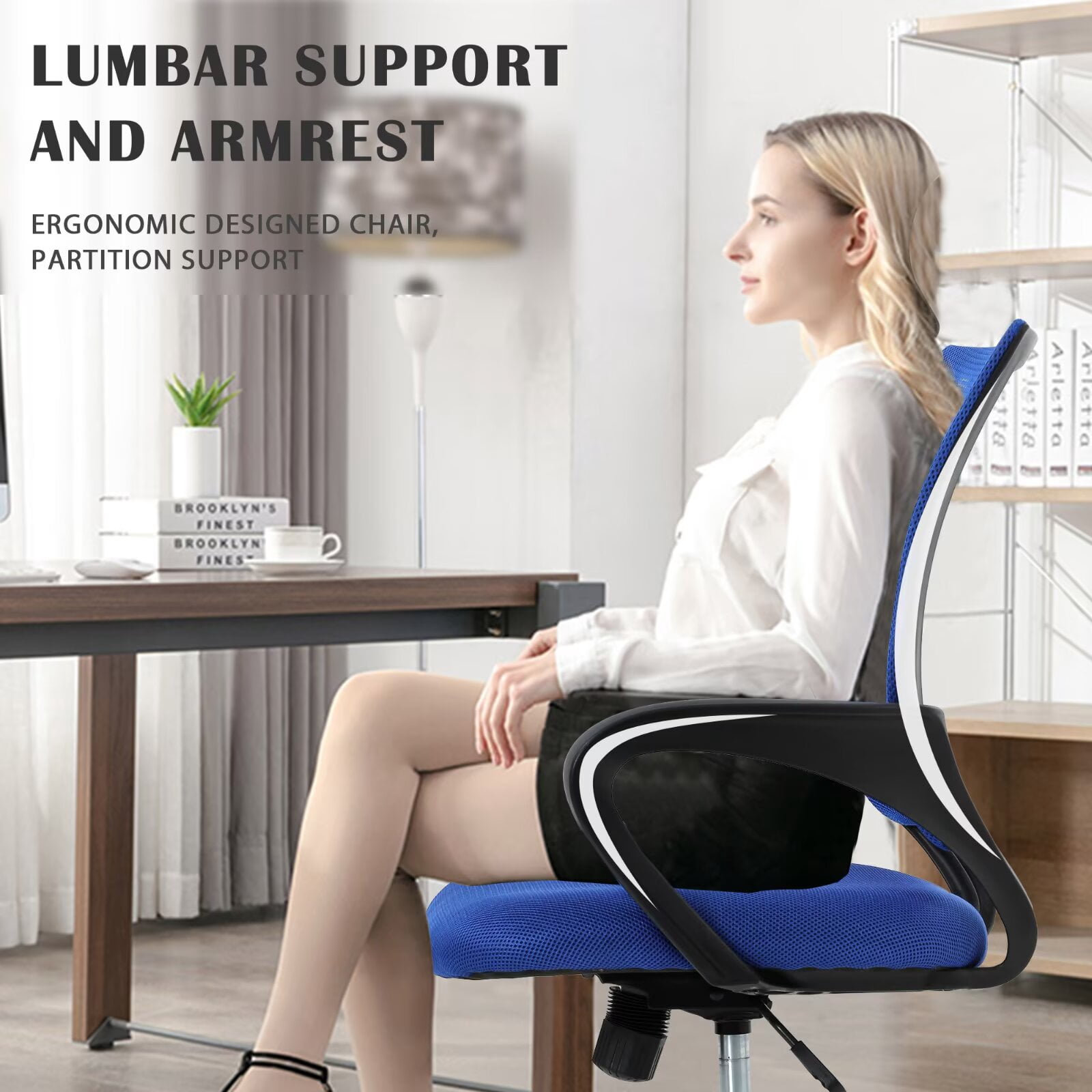 YRLLENSDAN Mesh Office Chair with Lumbar Support and Armrest, Comfortable Desk Chairs with Wheel, Home Swivel Chair with Adjustable Height and Tilt,Blue