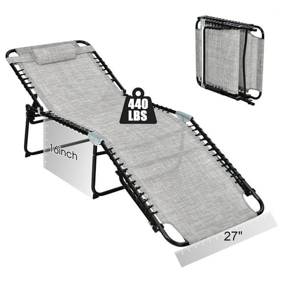 Lounge Chair for Outside, 440lbs 27” Oversize Folding Beach Tanning Sunbath Chair with Adjustable Backrest & Removable Pillow, Lightweight Portable Patio Lounger for Lawn Poolside (1, Grey)