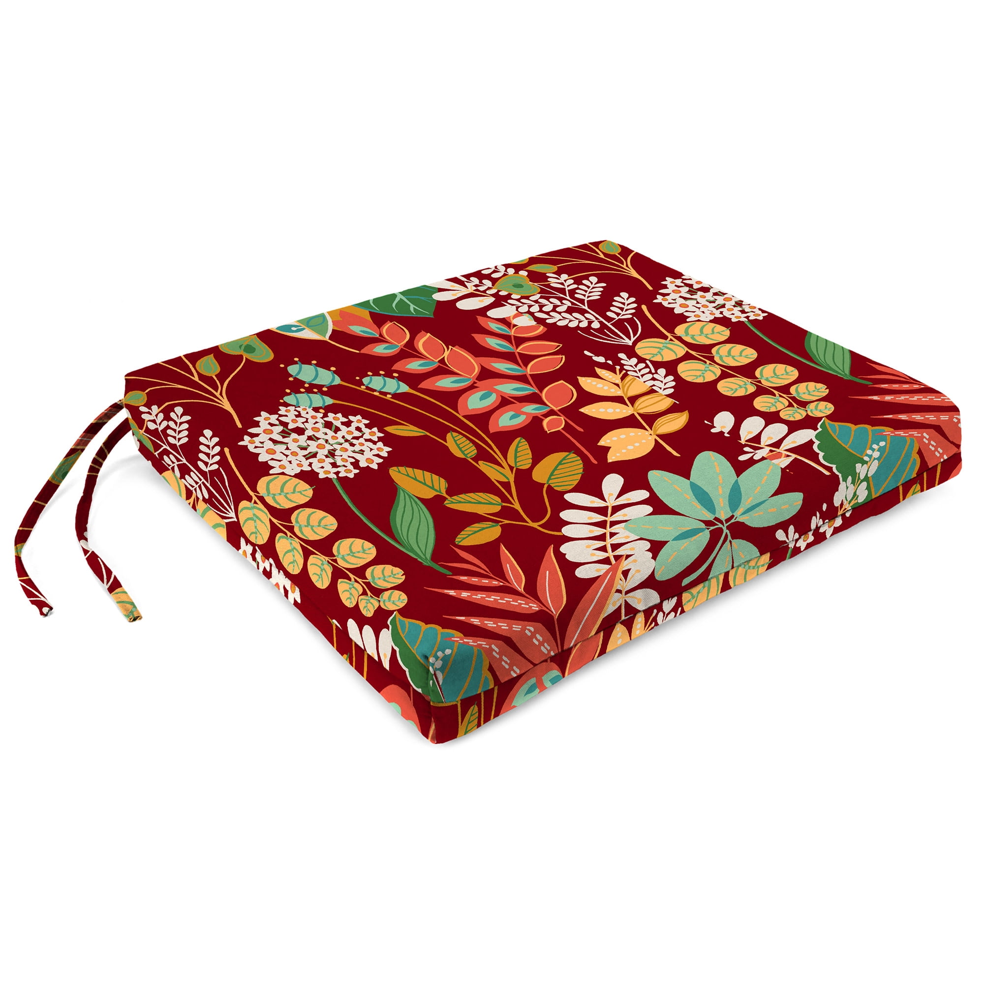 Jordan Manufacturing 17" x 19" Windcrest Mulberry Maroon Leaves Rectangular Outdoor Chair Pad Seat Cushion with Ties (2 Pack)