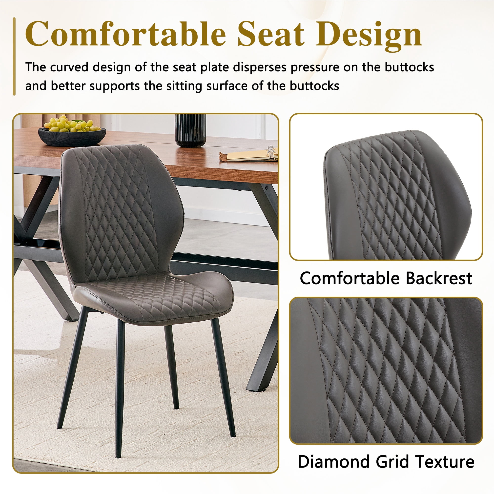 MOONMISS Dining Chairs Set of 4,Modern luxury Diamond-Quilted PU chairs with black metal legs for Dining Room Living Room,Dark Gray