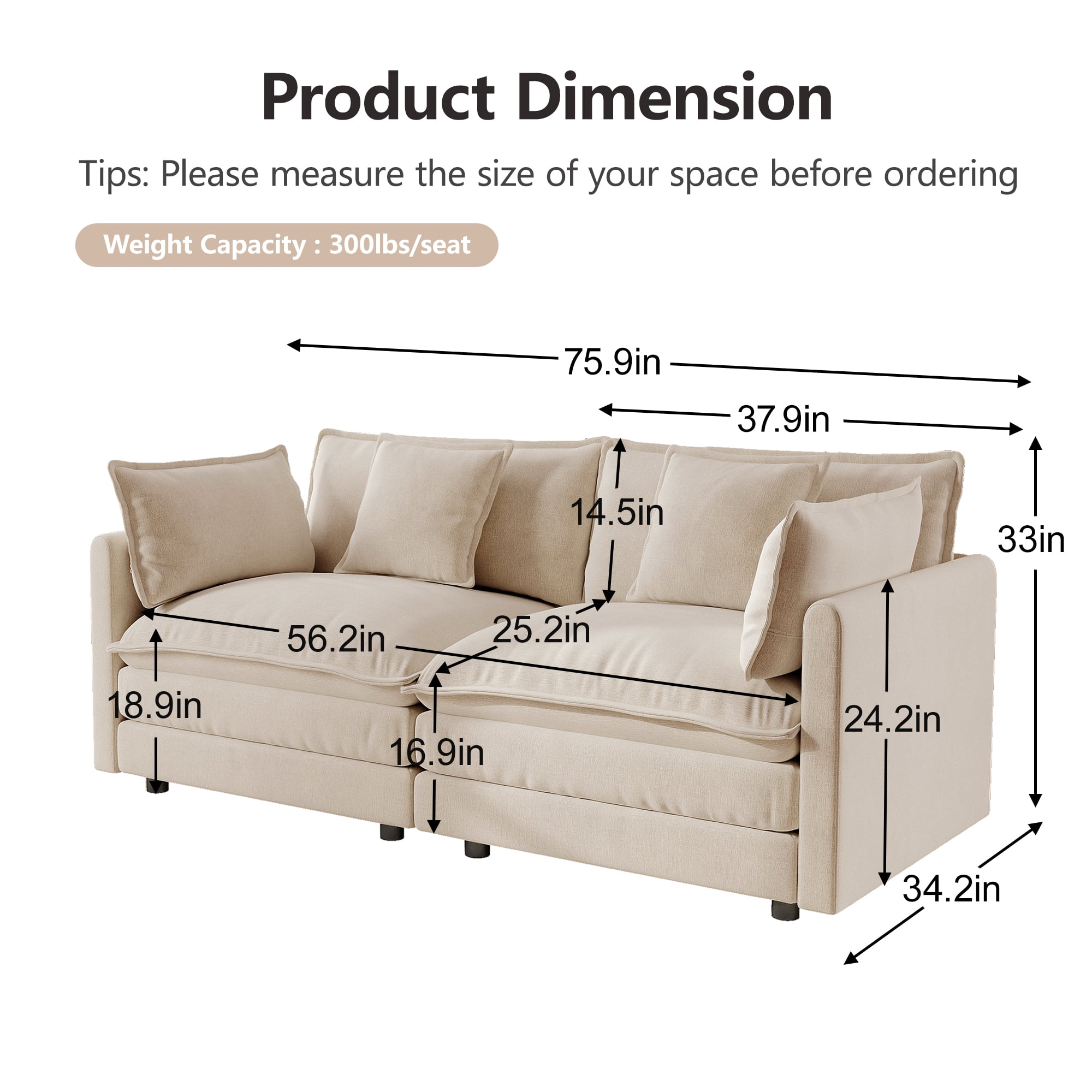 VEPXXP 75.9" Chenille Modular Loveseat, Deep Seat 2-Seater Couch with 4 Throw Pillows, Modern Cloud Sofa for Living Room Apartment Small Space, Beige