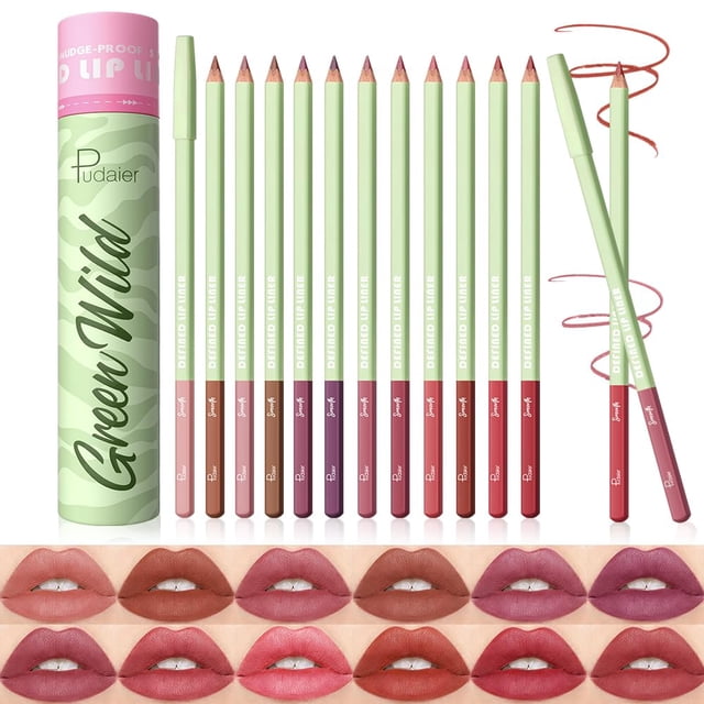 Set de delineadores de labios Pudaier, 12 unidades, roble natural, con cubeta de almacenamiento