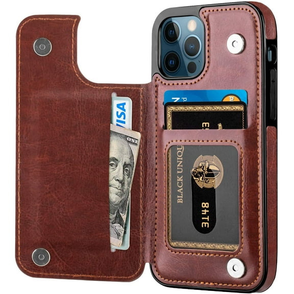Wallet Case for iPhone 12 Pro, Compatible with iPhone 12 Case with Card Holder Kickstand Slim Flip Case for iPhone 12 Pro 6.1 Inch (Brown)