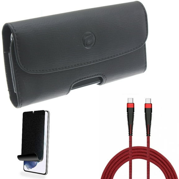 For Samsung Galaxy S21 (6.2") - Charger Cord Type-C to USB-C 10ft PD Cable   Holster Leather Case Belt Clip   [Fingerprint Works] TPU Film Privacy Screen Protector