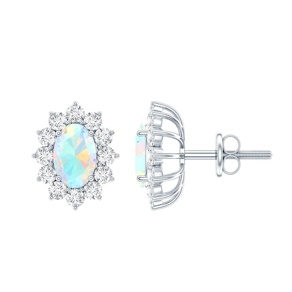 Rosec Jewels Oval Shape Ethiopian Opal Stud Earrings with Diamond Halo - 1.8 Carat - AAA Grade, 925 Sterling Silver