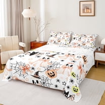 Manfei Child Bow Ghost Twin Sheet Sets, Kawaii Bat Spider Twin Fitted Sheet, White Orange Cartoon Halloween Flat Sheet, Ultra Soft Home Decor, 3pcs