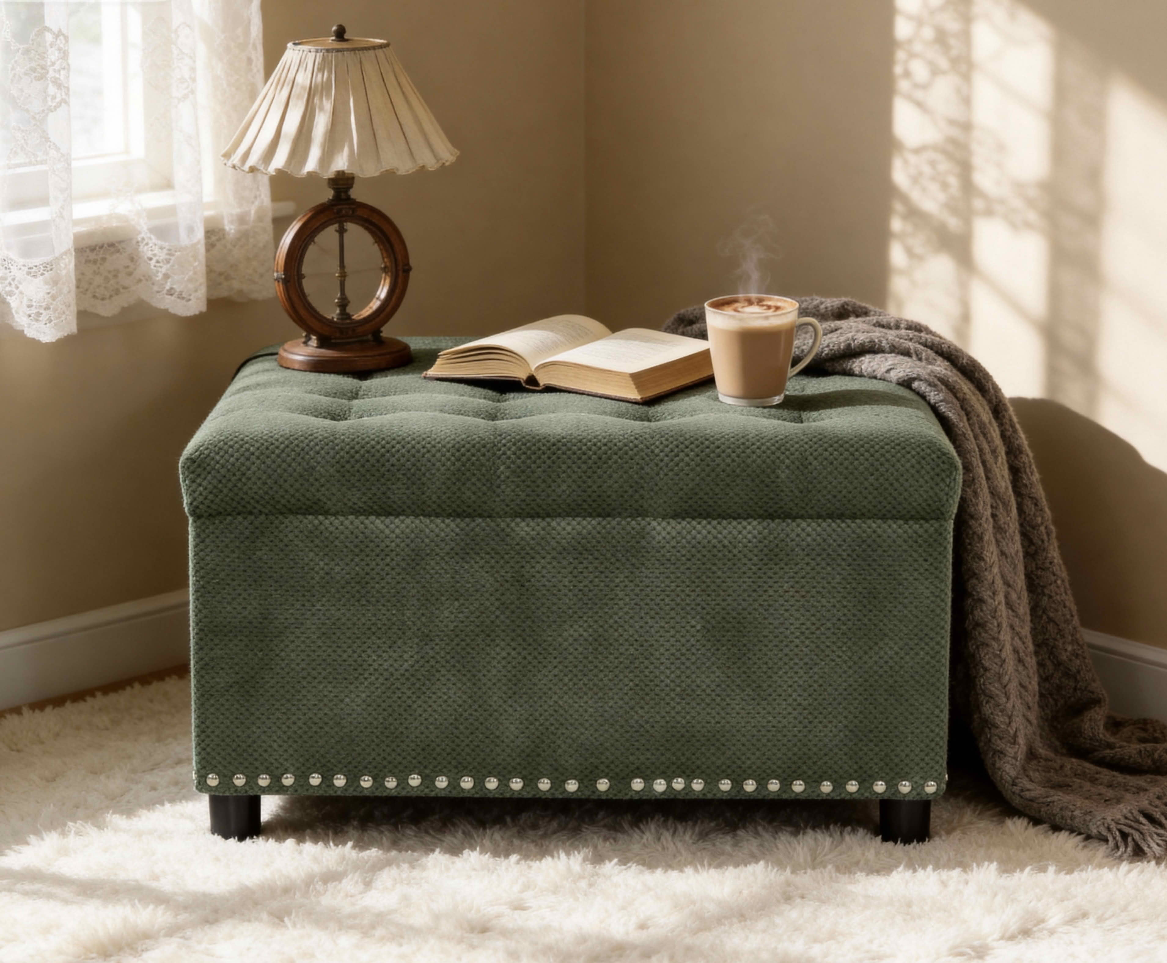 MAYEERTY 30 In Storage Ottoman, Tufted Footstool, Nailhead Trim, Square Ottoman, Green