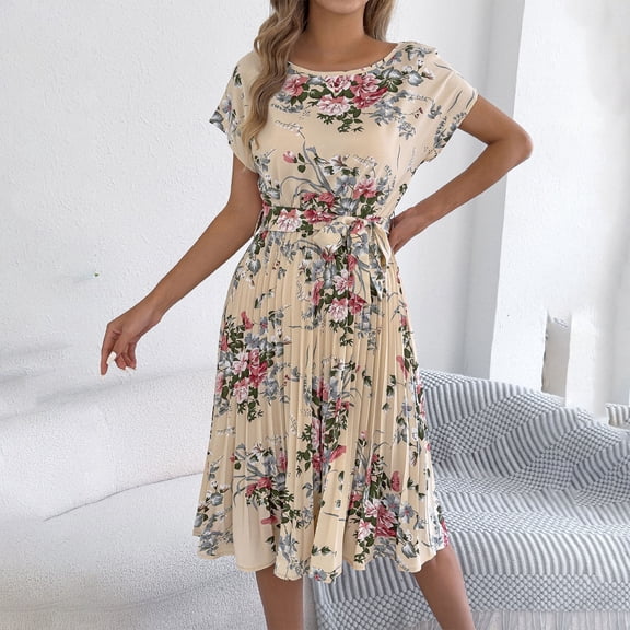 NTACZA Women Dresses Wedding Guest Dress Floral Casual Midi Short Sleeve A-Line Crew Neck Ruched Waist Size L