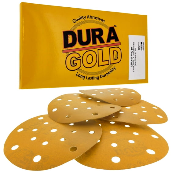 Dura-Gold Premium 6" Gold Sanding Discs - 400 Grit (Box of 50) - 17 Hole Pattern Dustless Hook & Loop Backing Sandpaper for DA Sanders, Aluminum Oxide Abrasive - Sand Auto Paint Woodworking Wood