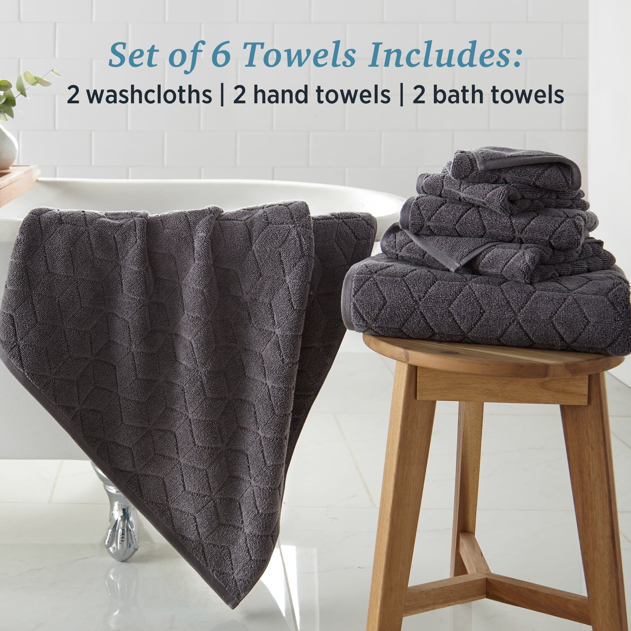 WelHome 100% HYGROCOTTON® 6-Piece Textured Soft Towel Set, Quiet Shade, 550 GSM, 2 Large Bath Towels 30" x 56", 2 Hand Towels, 2 Washcloths, Absorbent & Plush Bathroom Towels