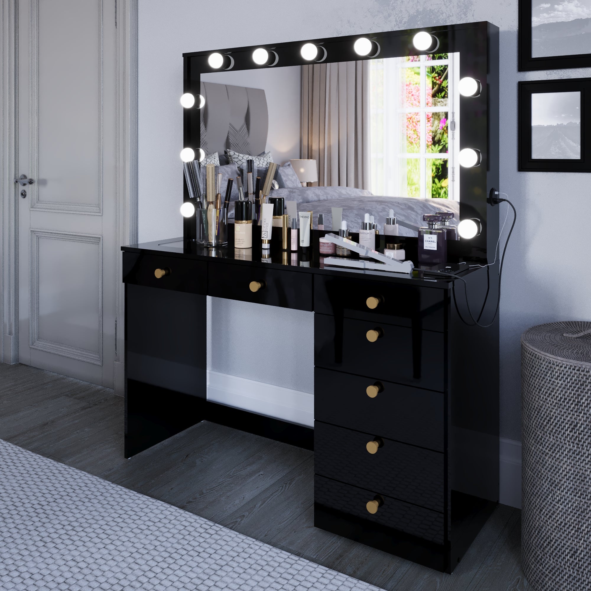 Ember Interiors Nadia Makeup Vanity with Lights, 7 Drawers, Power Outlet, Gold Knobs, Black