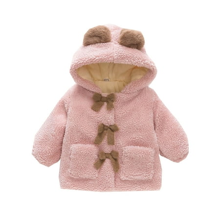 

Toddler Girls Thick Woolen Coat Winter Cute Plus Fluffy Hooded Coat Bear Ears Bow Jacket Outwear