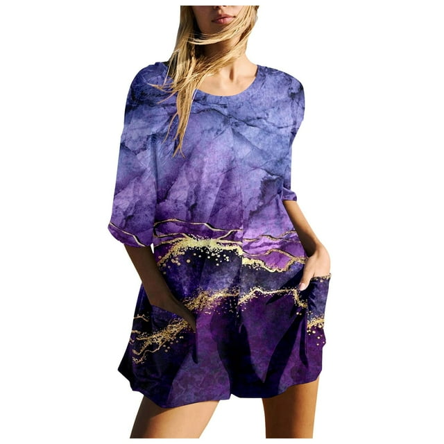 YDLCAFD Women Gradient Print Short Sleeve Jumpsuit Short Loose Backless Jumpsuits Rompers XL
