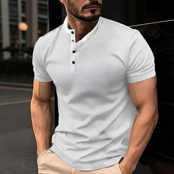 Fnnxeal Mens T-Shirts Solid Crew Neck Summer Short Sleeve Casual Button White Shirts for Men Size XL