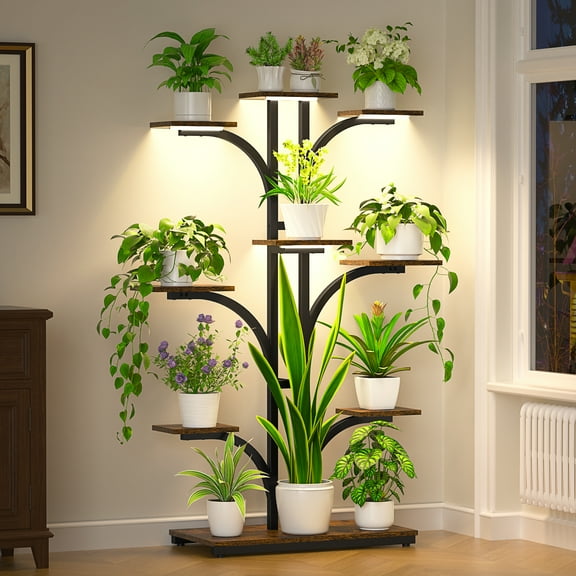 Indoor Plant Stand with Grow Lights, 64" Tall Plant Shelf, 9 Tiered Tree-Shaped Plant Rack Shelves Large Flower Display Holder for Living Room Patio