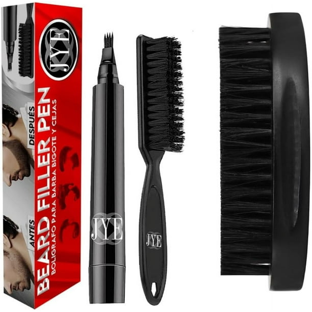 Pluma para parches de barba, Lapiz Bolígrafo para rellenar huecos de barba y Bigote, Impermeable, Cubre canas. Incluye Cepillo de madera para peinado y control de Barba