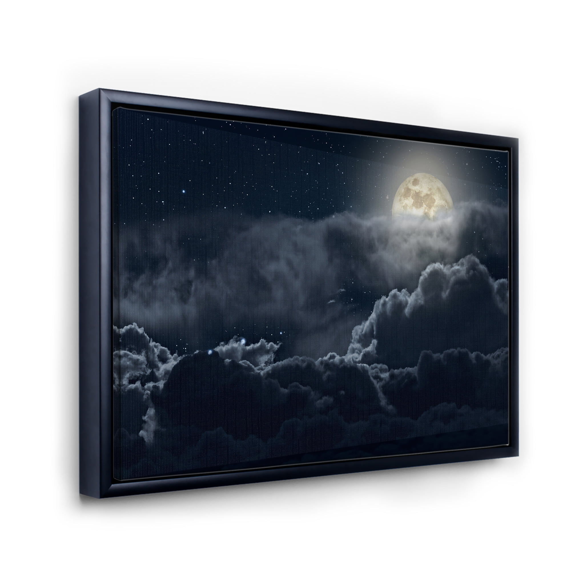 Designart 'Cloudy Full Moon Night With Stars' Nautical & Coastal Framed Canvas Wall Art Print