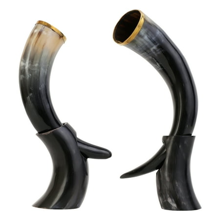 

Authentic Viking Drinking Horn with Stand Unique Genuine Ox Horn | Handmade Beer Ale Mead Water Wine Cup Buffed Finish Brass Fitting 4 pk