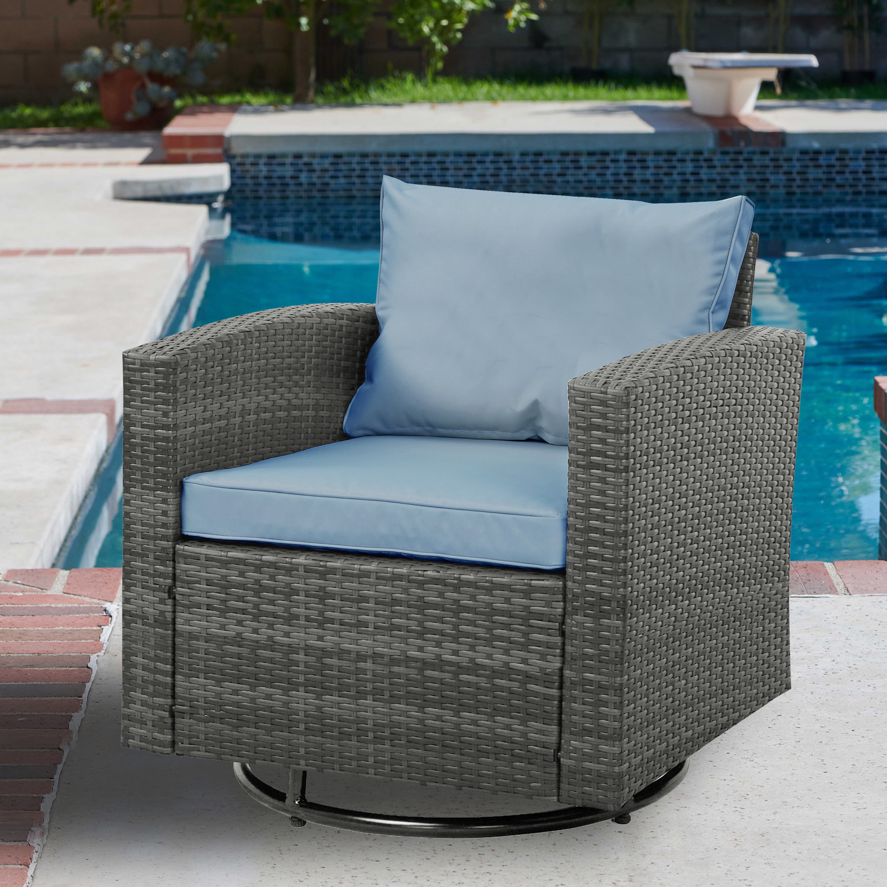 Outdoor Wicker Swivel Chair, Grey/Light Blue - Walmart.com - Walmart.com