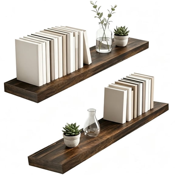 Finew 2 Pack Wooden Floating Shelves, 35.8 inch Wall Mount Display Hanging Shelf, Decorative Shelves for Bedroom, Living Room, Kitchen, Brown