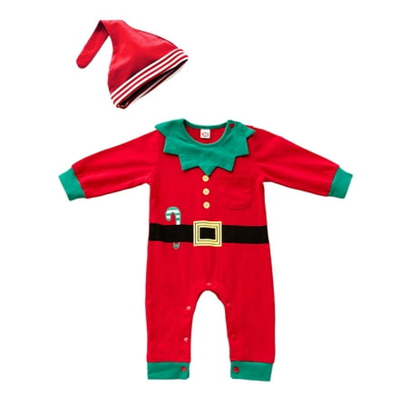 

0-24M Baby Boys Girls Christmas Romper Red Candy Cane Print Jumpsuit and Hat Xmas clothes