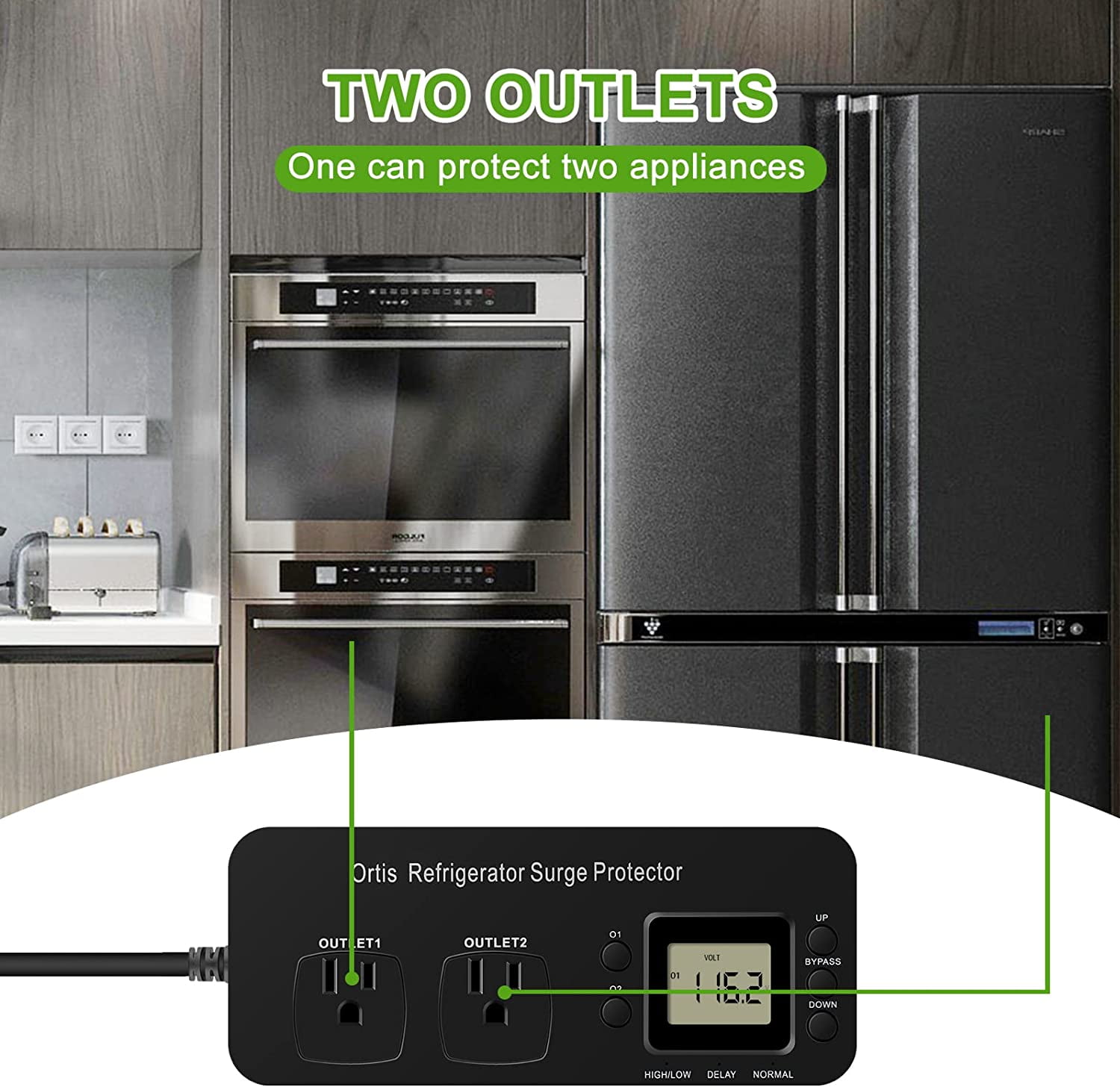 Ortis Refrigerator 2-Outlet Surge Protector, Black