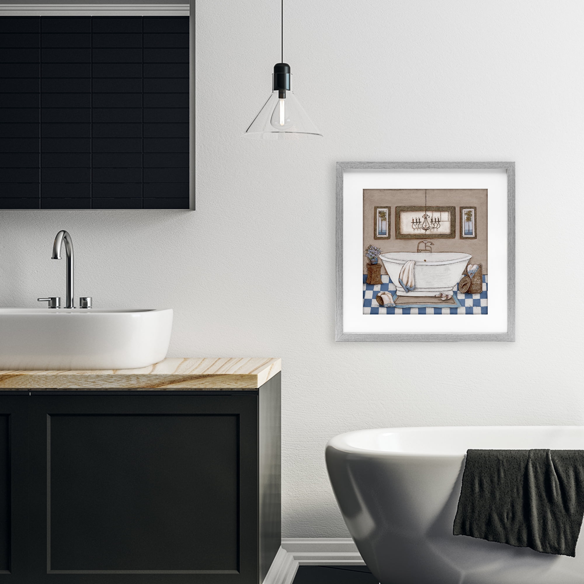 Stupell Industries Checkered Bathroom & Chandelier Gray Framed Print Under Glass, design by Janet Tava