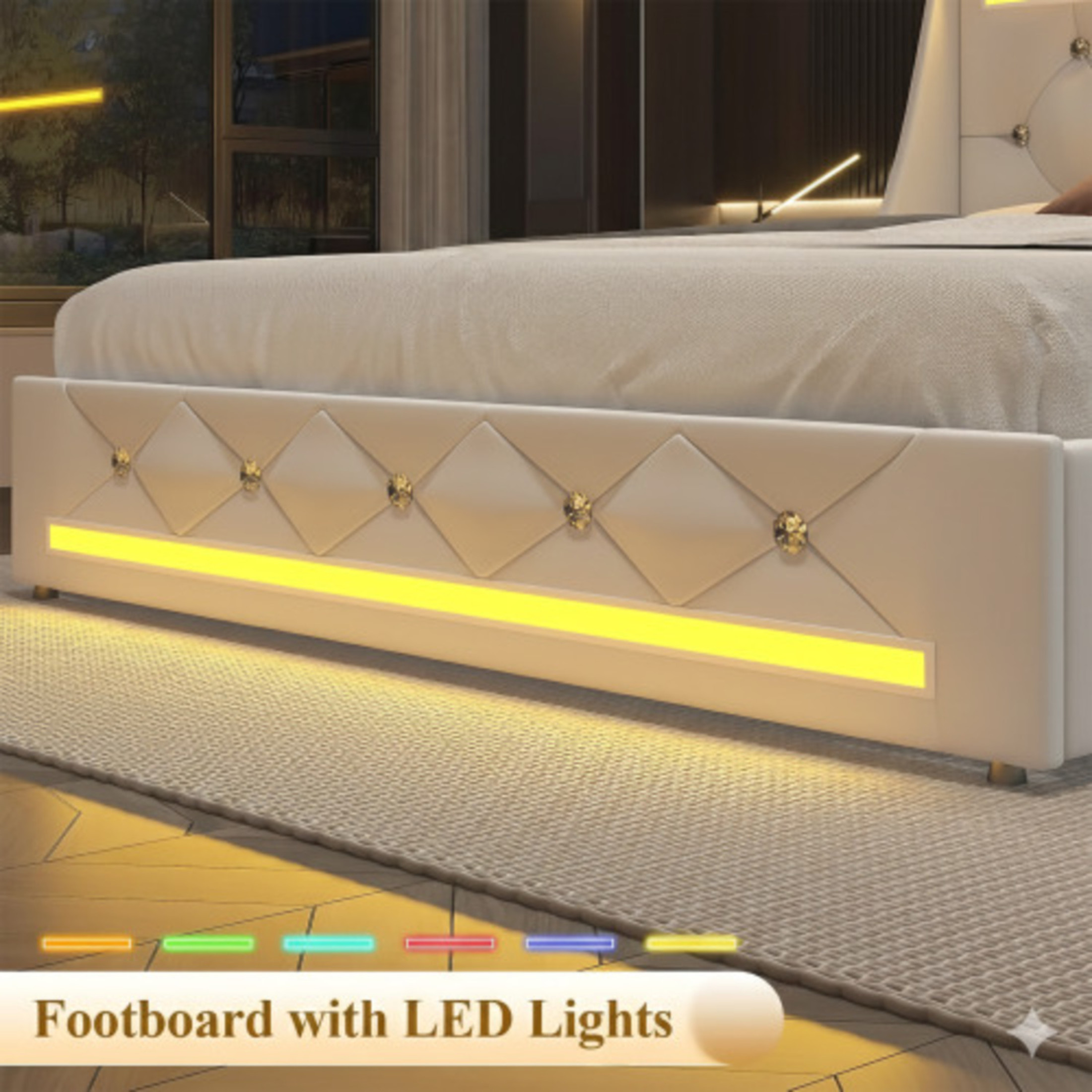 Noble House Ashrid Full Size Bed Frame with Charging Station, Storage Drawers & LED Lights, Metal Support, White