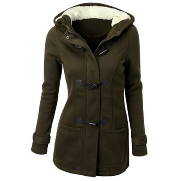 Women's Horn Button Jacket Hooded Stylish Winter Warm Longline Coats with Fleece Lining MidLength Warm Coats Outwear