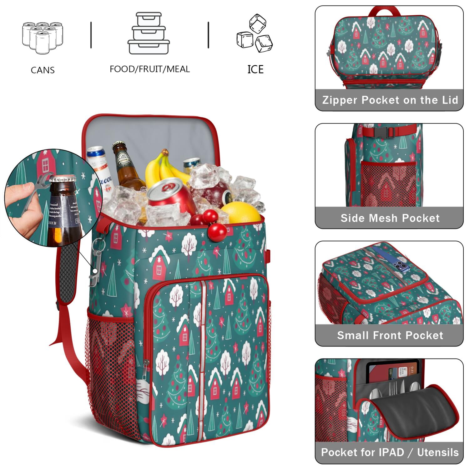 Travel Cooler Bag - Dark Teal Christmas Village Pattern Camping Beer Cooler Backpack with Bottle Opener- Waterproof Insulated Picnic Backpacks - Cooler Bag for Beach