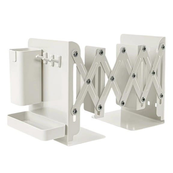 Adjustable Bookends with Pen Holder, Expandable Heavy Duty Metal Book Organizer for Desk, Office and Home Library, Retractable Book Stoppers for Books