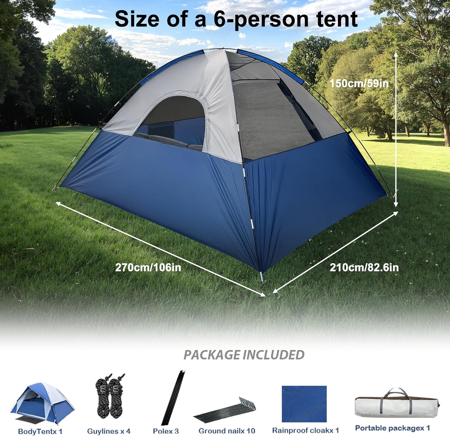 XL Tent 6 Person Dome Camping Tent, Double Layer Waterproof, Removable Rain Fly, for Outdoor Hiking, Fishing (6 People Blue)