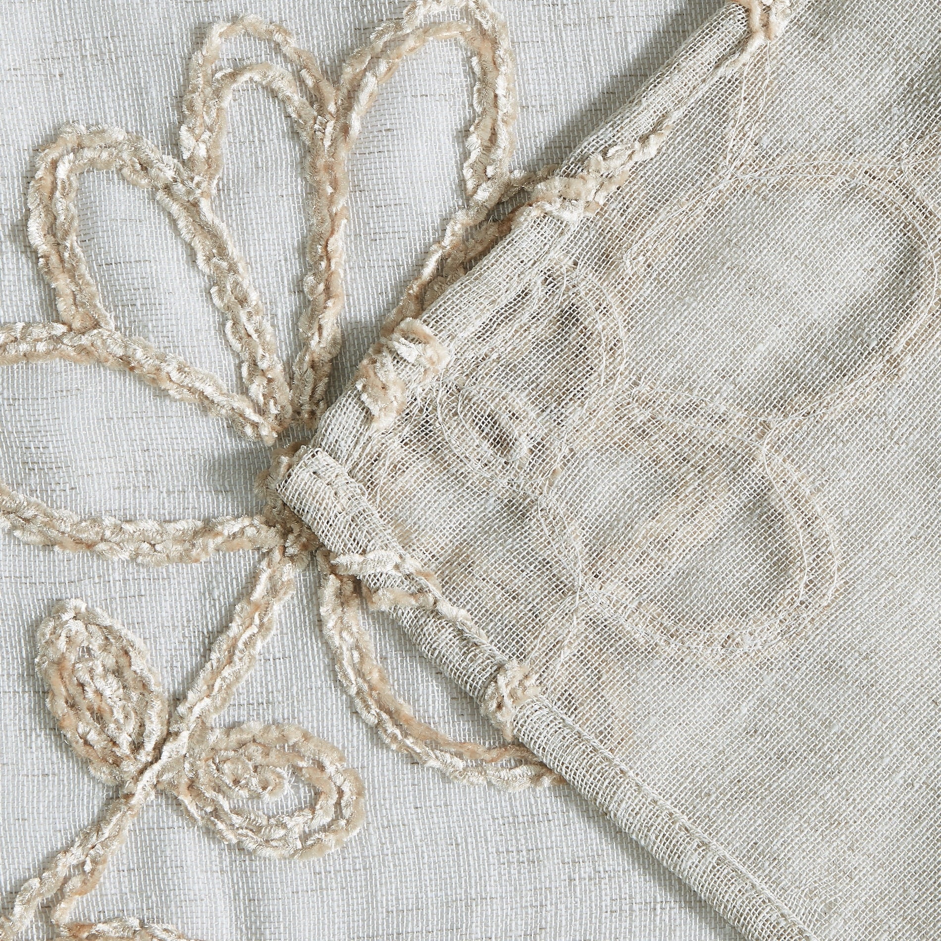 Dainty Home Rita 3D Floral Chenille Embroidered Solid Sheer Linen Look 70 x 72 Shower Curtain In Linen