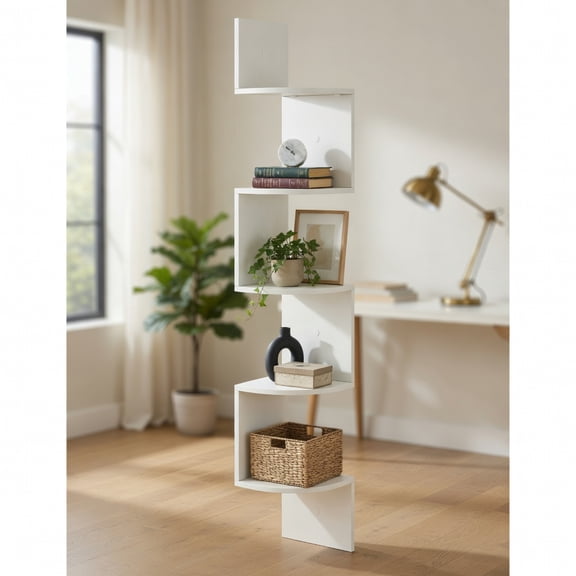 Resenkos 5-Tier Corner Shelf - Wall-Mounted Floating Bookshelf, Storage Organizer, White