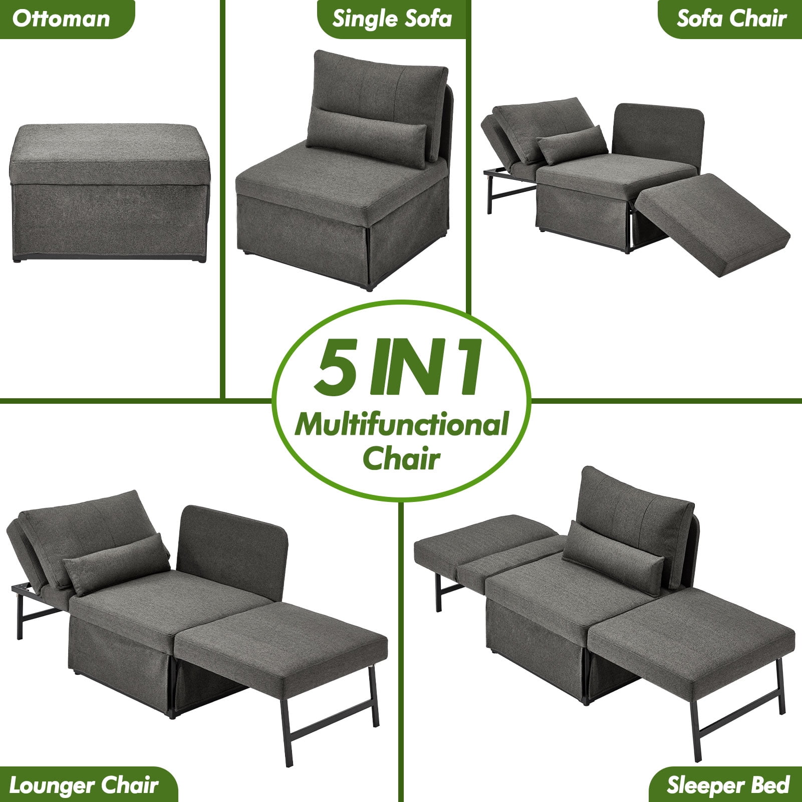 zzw 5-in-1 Convertible Sleeper Sofa Chair, Adjustable Linen Folding Ottoman Bed, Assembly-Free for Apartment Living Room