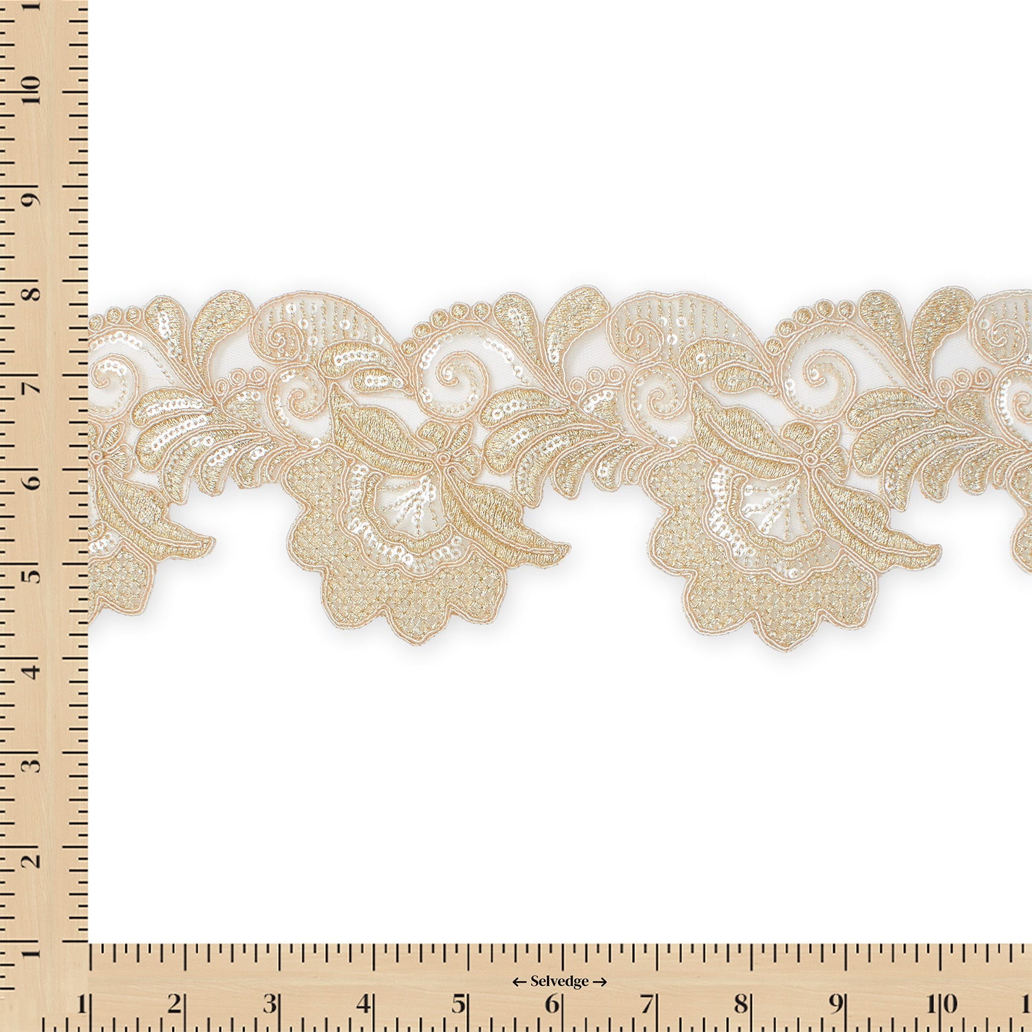 Embroidered Lace Trim 4" Leaf Floral Corded Sequin Embroidery On Sheer Polyester Scalloped Mesh - Champagne (4.5 Meters, 1 Pack)