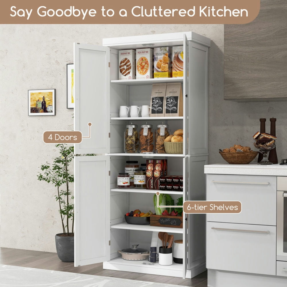 Finihen Kitchen Storage Cabinet, Buffet Sideboard, 72.5 Inches Tall Buffet Cabinet with 6-Tier Shelves and 4 Doors, for Dining Room, Kitchen, Living Room, White Finihen Kitchen Storage Cabinet, Buffet Sideboard, 72.5 Inches Tall Buffet Cabinet with 6-Tier Shelves and 4 Doors, for Dining Room, Kitchen, Living Room, White