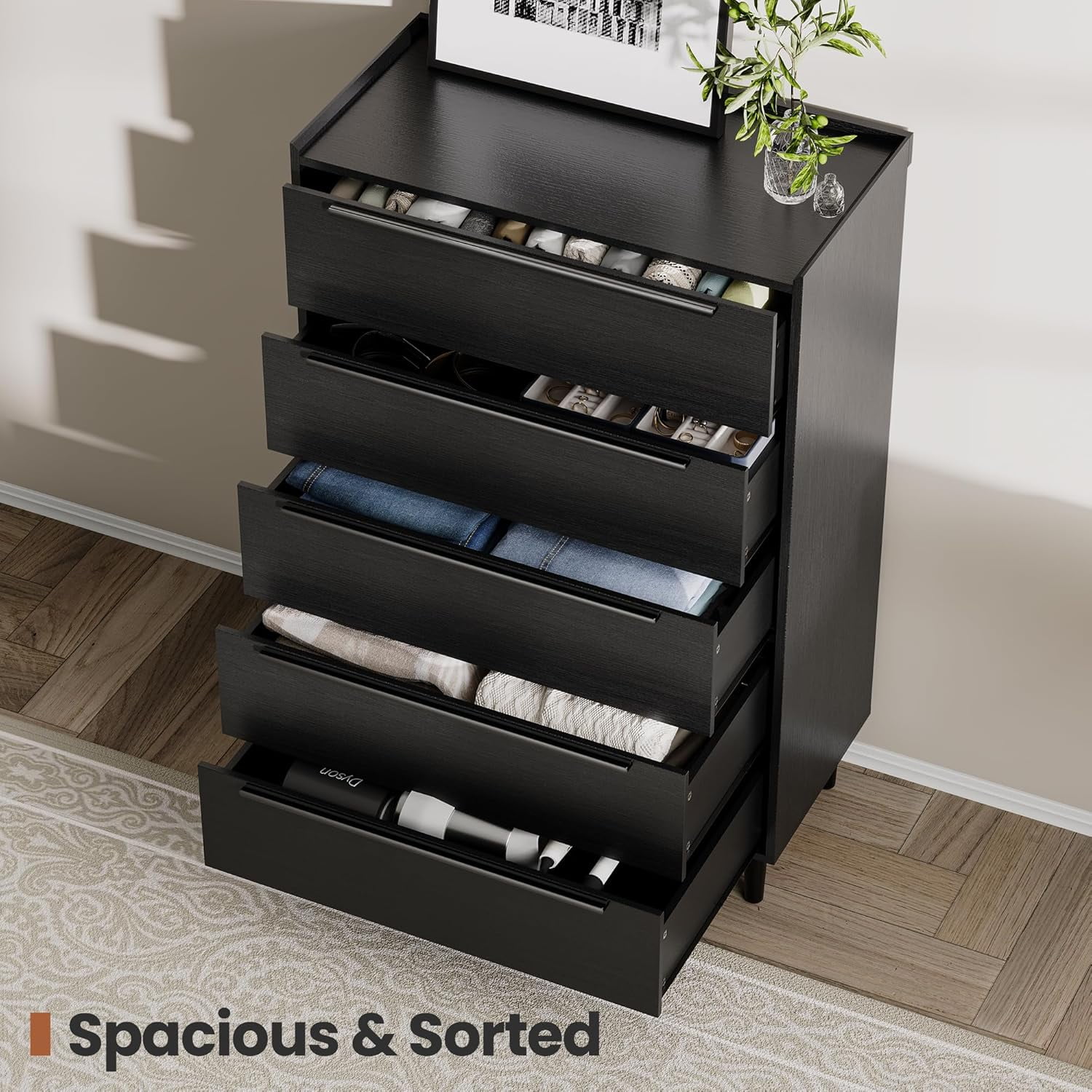 Modern Tall Black 5-Drawer Dresser, 48" Height Storage Cabinet with Metal Handles for Bedroom, Hallway or Living Room