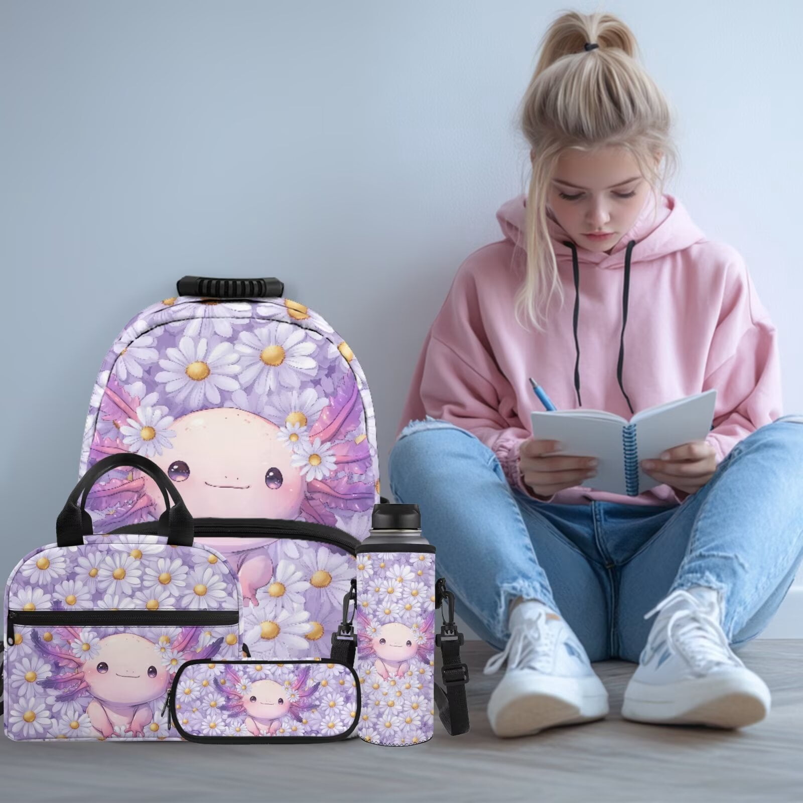 Pzuqiu Daisy Axolotl Girls Backpacks School Backpack with Lunch Bag Pencil Case Water Bottle Holder for 10-12 Kids 17 Inch Bookbag 4 Pcs School Bag Set Lightweight Laptop Backpack