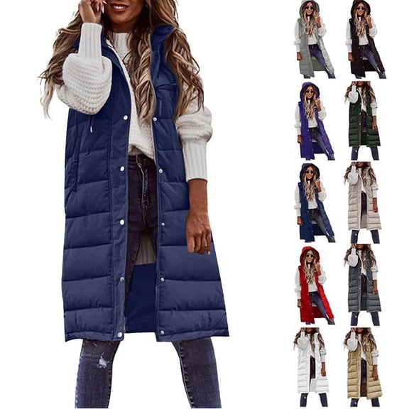Women's Long Puffer Vests with Hood, Casual Winter Quilted Sleeveless Jackets, Stand Collar Fleece Fall Coats with Pockets, Warm Zip Up Front Outerwear