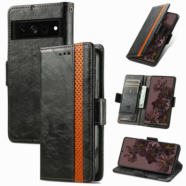 Case for Google Pixel 7 Cover Leather Wallet Folio Case Book Design Flip Magnetic Closure - Black
