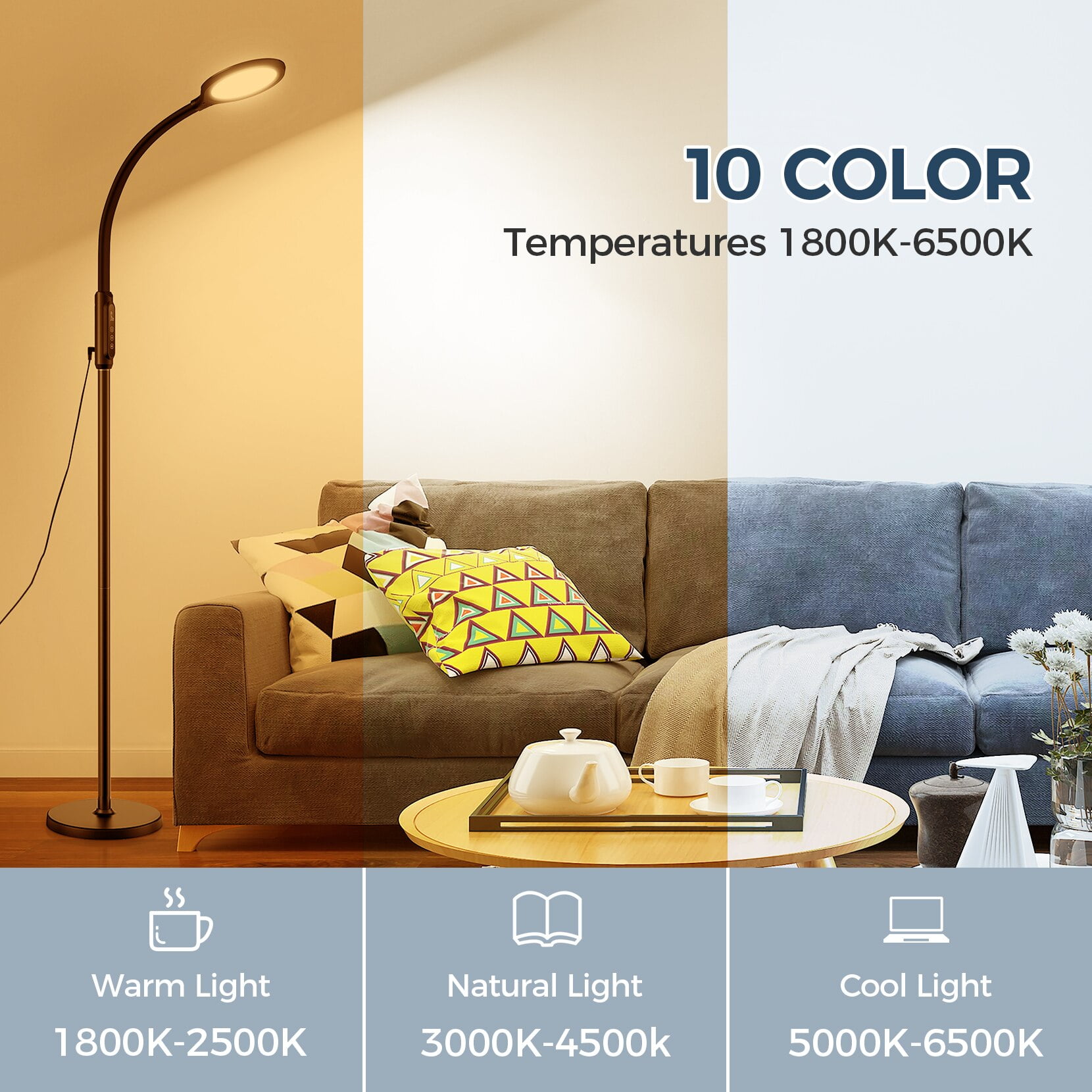 Dorm Dimmable Reading Light with 3 Adjustable Height for Living Room LITOM LED Floor Lamp with Remote & Touch Control Bedroom Home Office LED Standing Lamp with 10 Colors & 10 Brightness