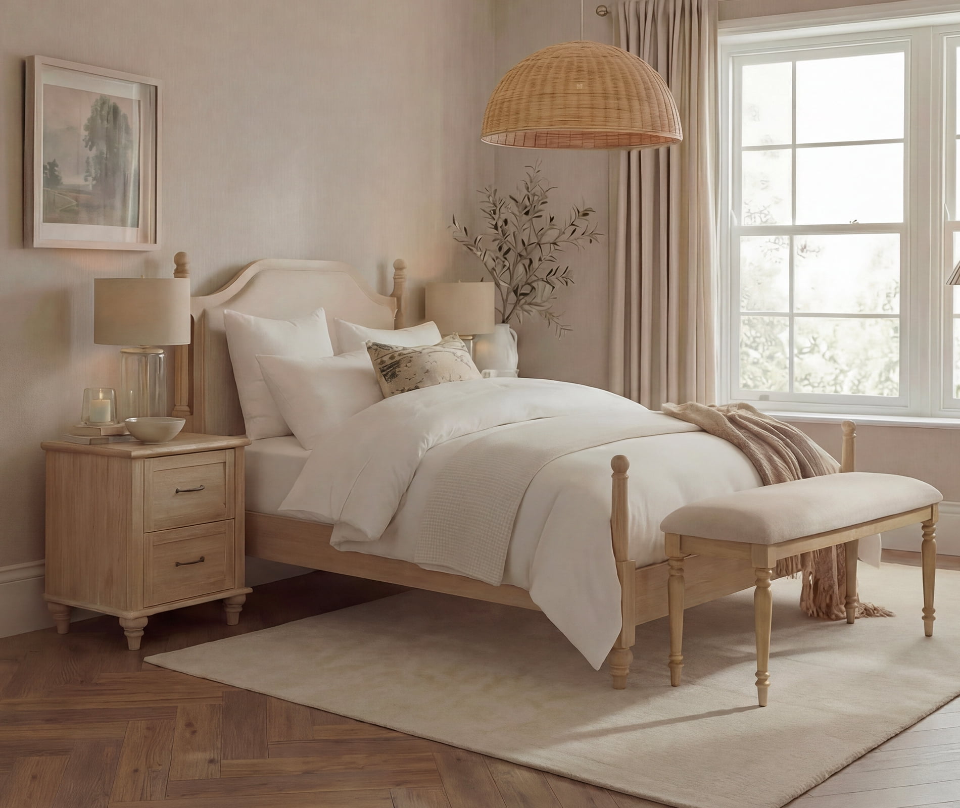 4 Piece Bedroom Set, Queen Bed Frame & 2 Nightstands with Charging Station & Upholstered End of Bed Bench, Oak