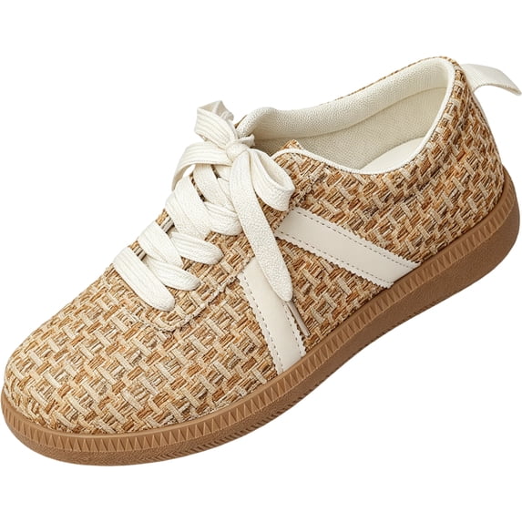 HTHLVMD Linen Casual Shoes, Breathable Walking Footwear, Women Classic Retro Gum Sole Fashion Sneakers Casual Tennis Skate Shoe Genuine Leather Walking Footwear Anti Slip Trainers, Khaki 6.5